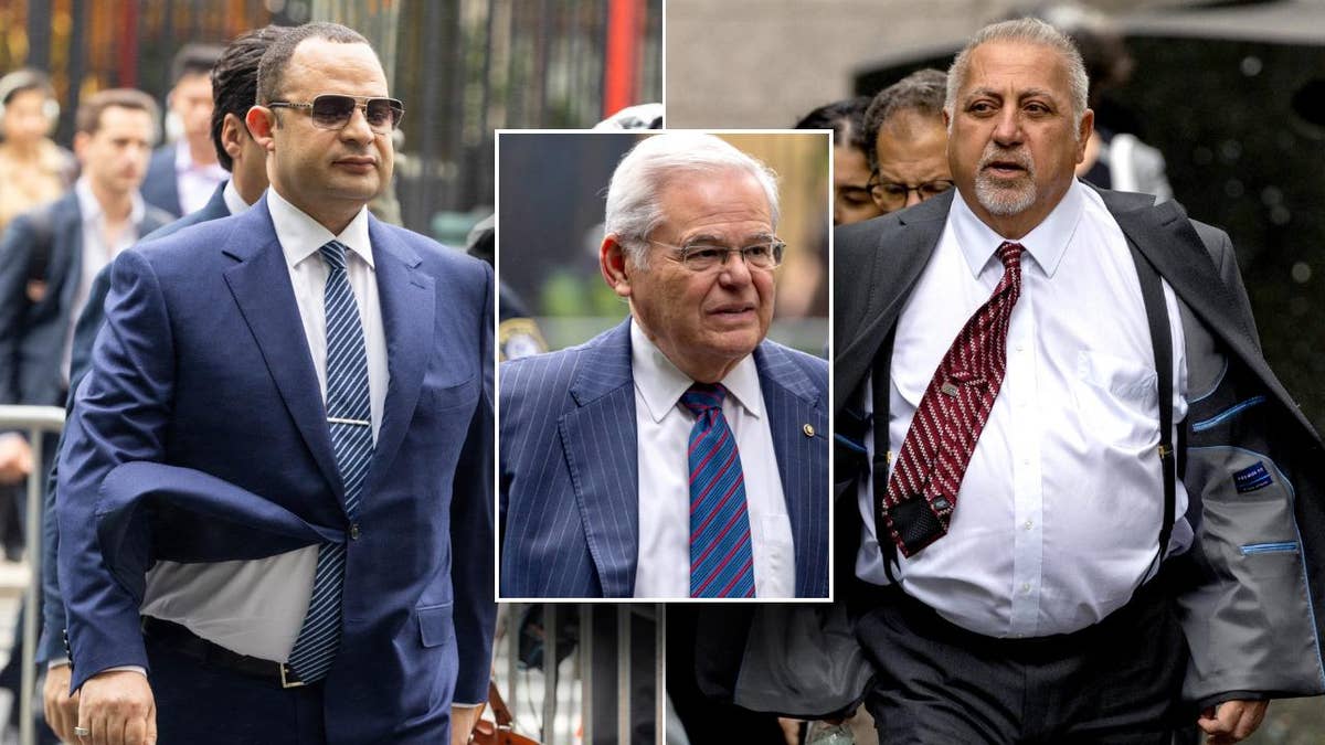 photo collage: Menendez center tile, co-defendants Wael Hana and Fred Daibes on sides