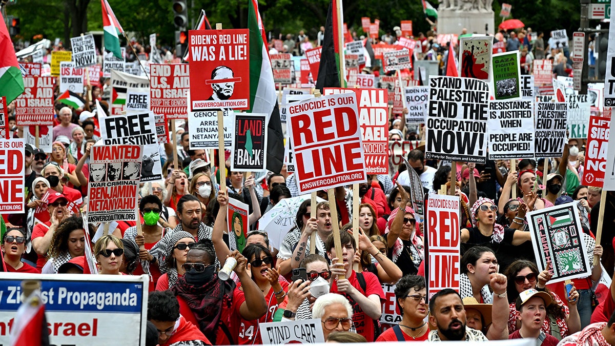 Demonstrators ahead of a joint meeting of Congress with Israeli prime minister Benjamin Netanyahu, outside the U.S. Capitol in Washington, D.C., on Wednesday, July 24, 2024.