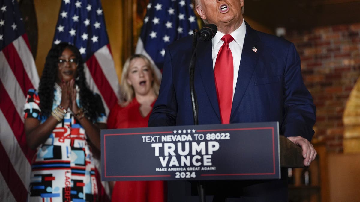 Republican presidential nominee former President Trump speaks at a campaign event in Las Vegas on Aug. 23, 2024.