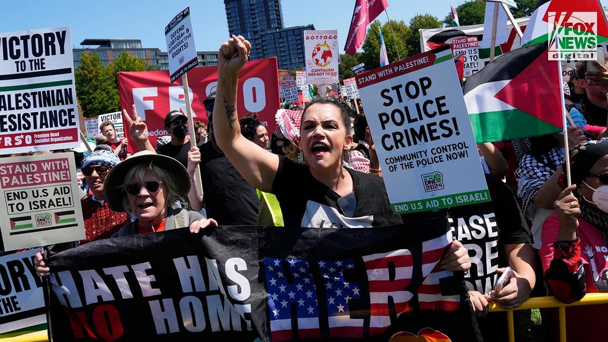 Protestors hold up signs in Chicago