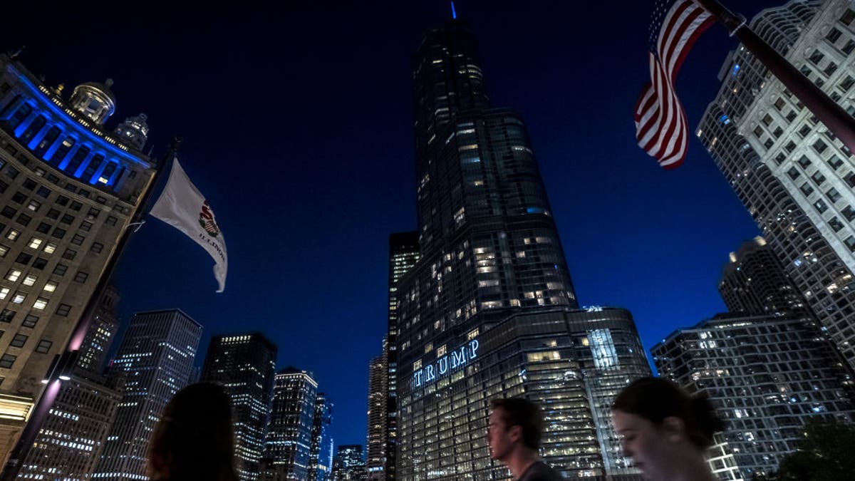 A view of the Trump Tower as colorful lights illuminate the streets in Chicago, on May 23, 2024. (Aytac Unal/Anadolu via Getty Images)