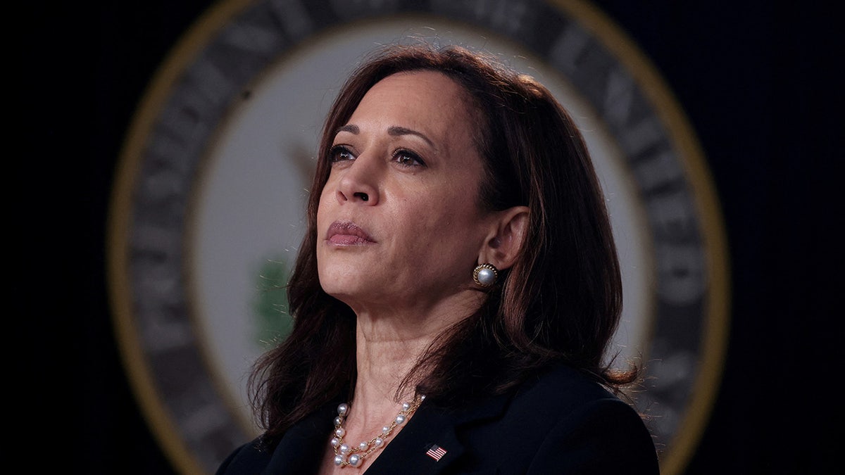 closeup shot of Kamala Harris with vice presidential seal in background