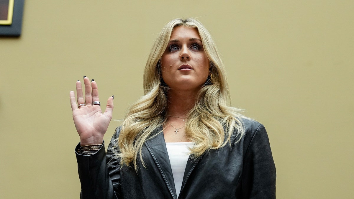 Former collegiate swimmer Riley Gaines is sworn in during a House Oversight Subcommittee on Health Care and Financial Services hearing on Capitol Hill Dec. 5, 2023 in Washington, DC. 