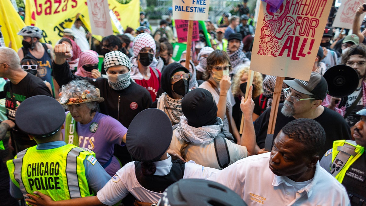 Police clash with anti-Israel agitators marching ahead of the Democratic National Convention on Aug. 18, 2024 in Chicago, Ill.