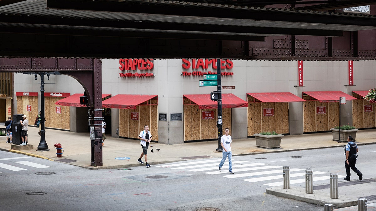 A downtown business stands boarded with the possibility of violent protests during the Democratic National Convention on Aug. 18, 2024 in Chicago, Ill.