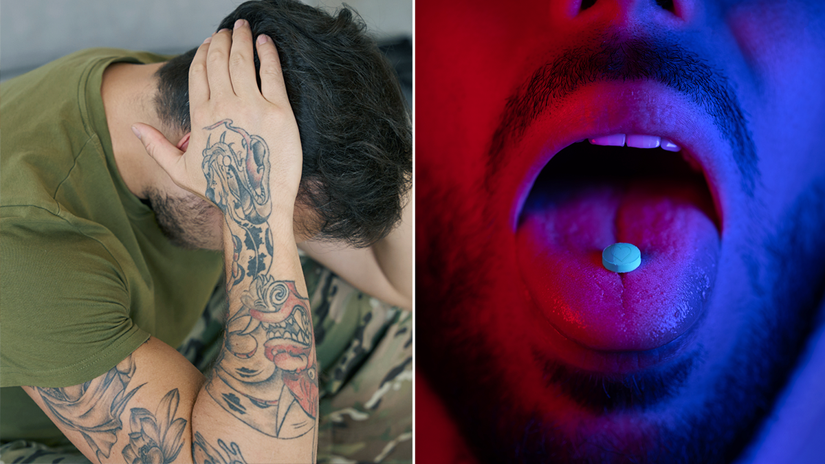 split image: distressed veteran; pill on tongue