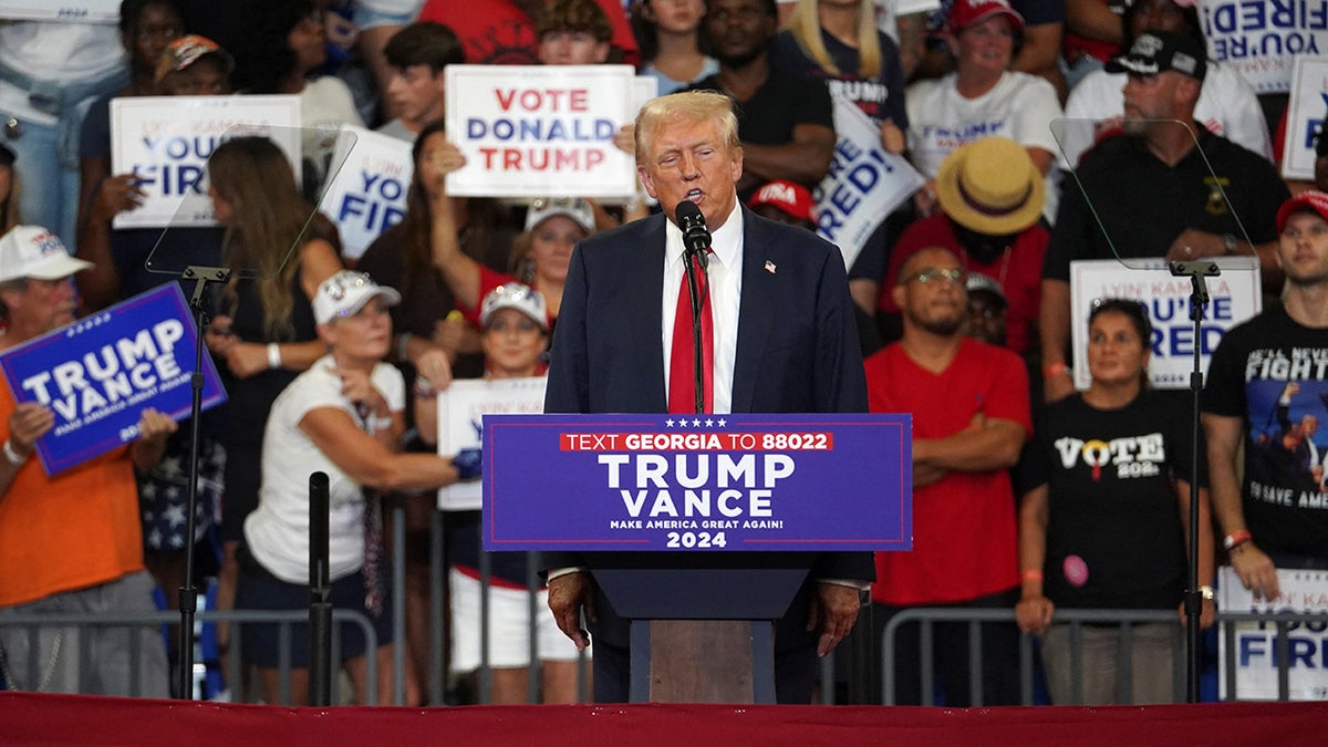 Republican presidential nominee and former U.S. President Donald Trump speaks during a campaign rally held with Republican vice presidential nominee Senator JD Vance, in Atlanta, Georgia, August 3, 2024. Reuters/Megan Varner