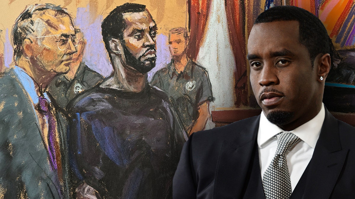 A court sketch and close up of Sean "Diddy" Combs