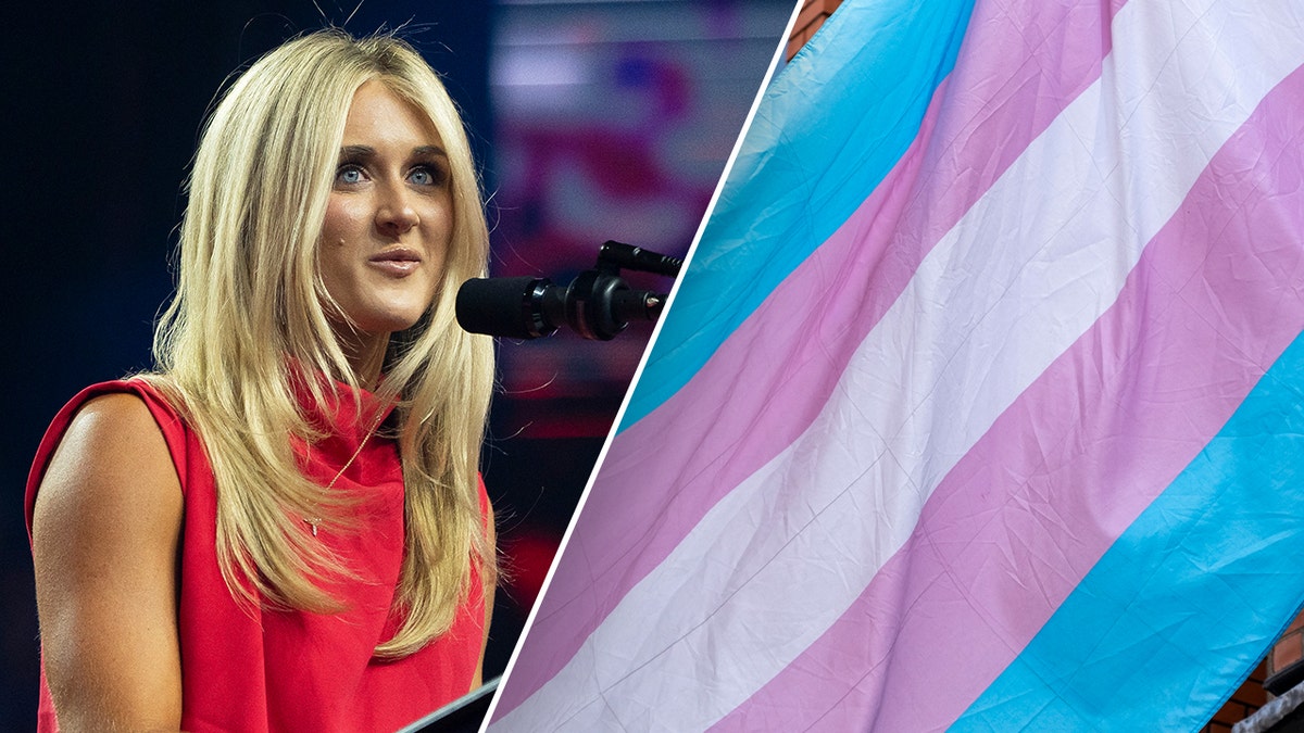 Riley Gaines, left, and transgender flag split