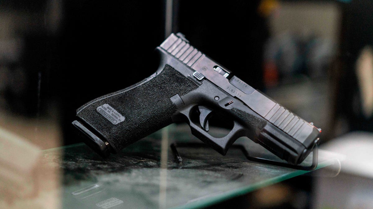 A Glock pistol on display for sale