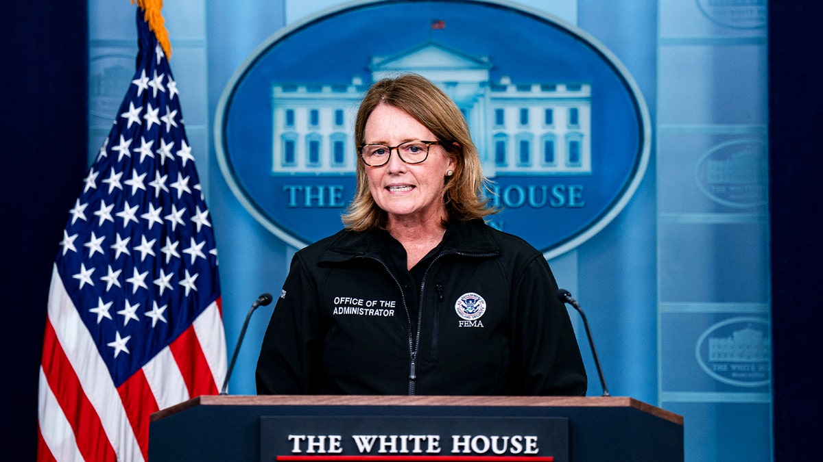 FEMA chief Deanne Criswell speaks at the White House. 