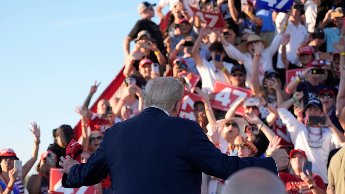 Republican presidential nominee former President Donald Trump arrives to speak at a campaign rally at the Calhoun Ranch in Coachella, Calif., Saturday.