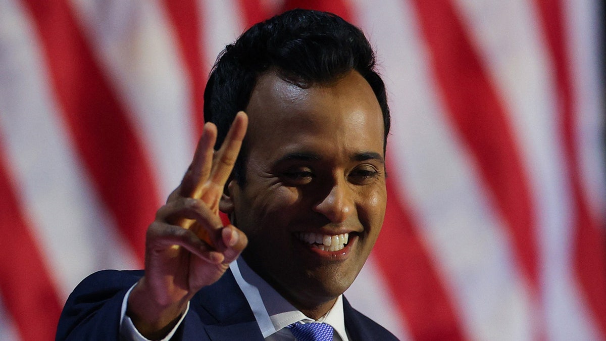 Vivek Ramaswamy gestures from the stage on Day 2 of the Republican National Convention