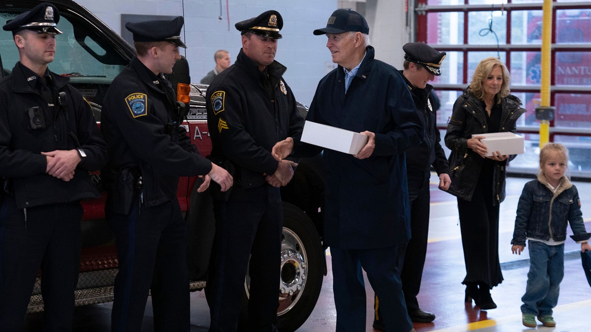 President Biden shakes hands with Nantucket police officers