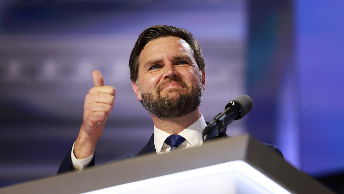 Republican vice presidential candidate JD Vance speaks on stage on the third day of the Republican National Convention