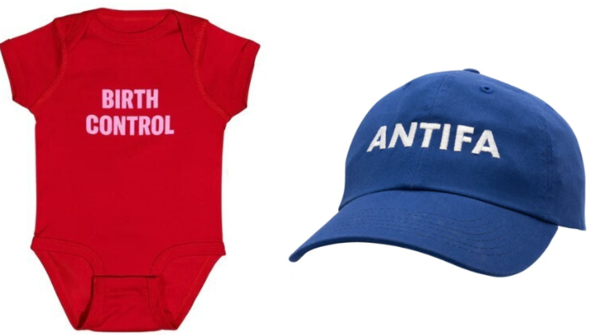 Images of Crooked Media's products, a baby onesie and a "Dad" hat