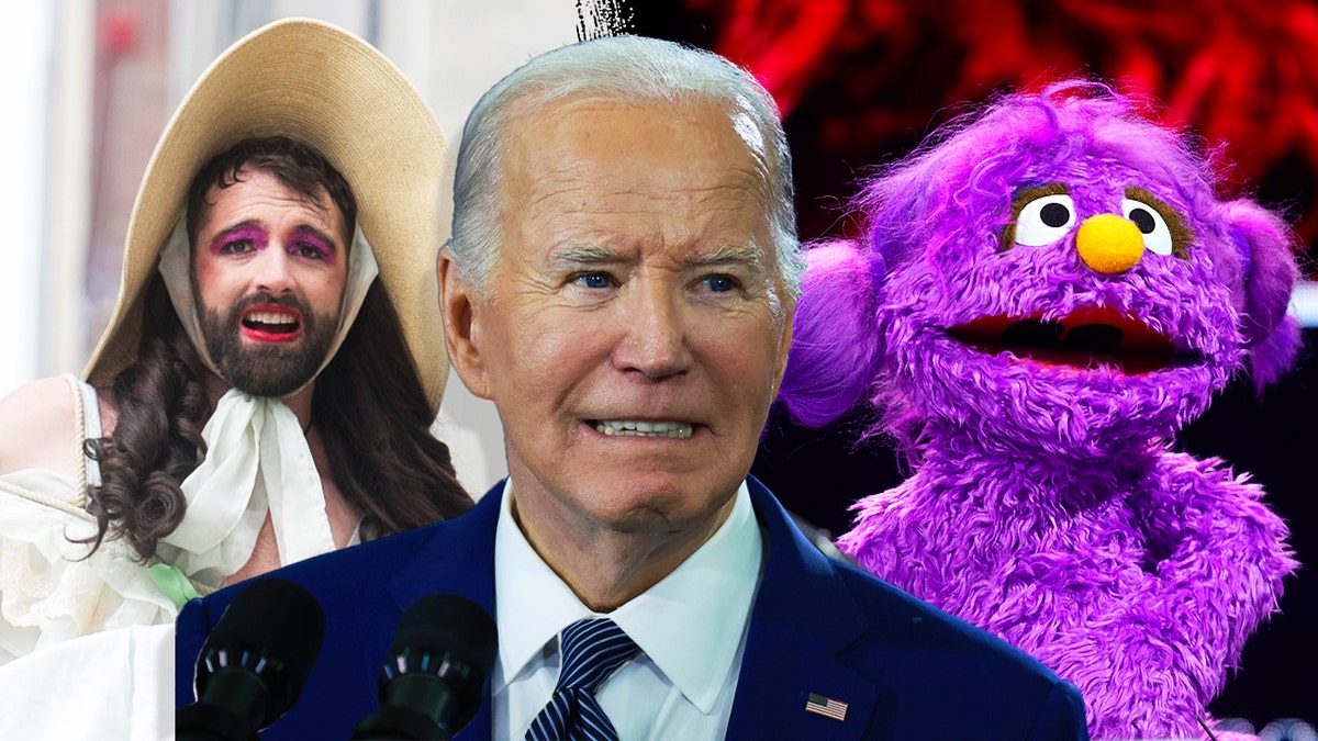 Biden, center, with muppet at right and cabaret performer, left