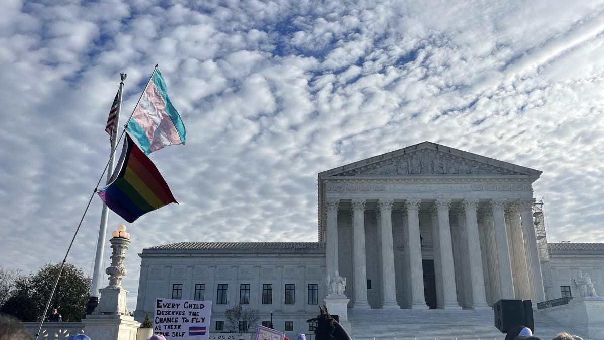 Activists hold a rally outside the Supreme Court building in Washington, D.C., as the court hears oral arguments in the transgender treatments case of U.S. v. Skrmetti on Dec. 4, 2024.