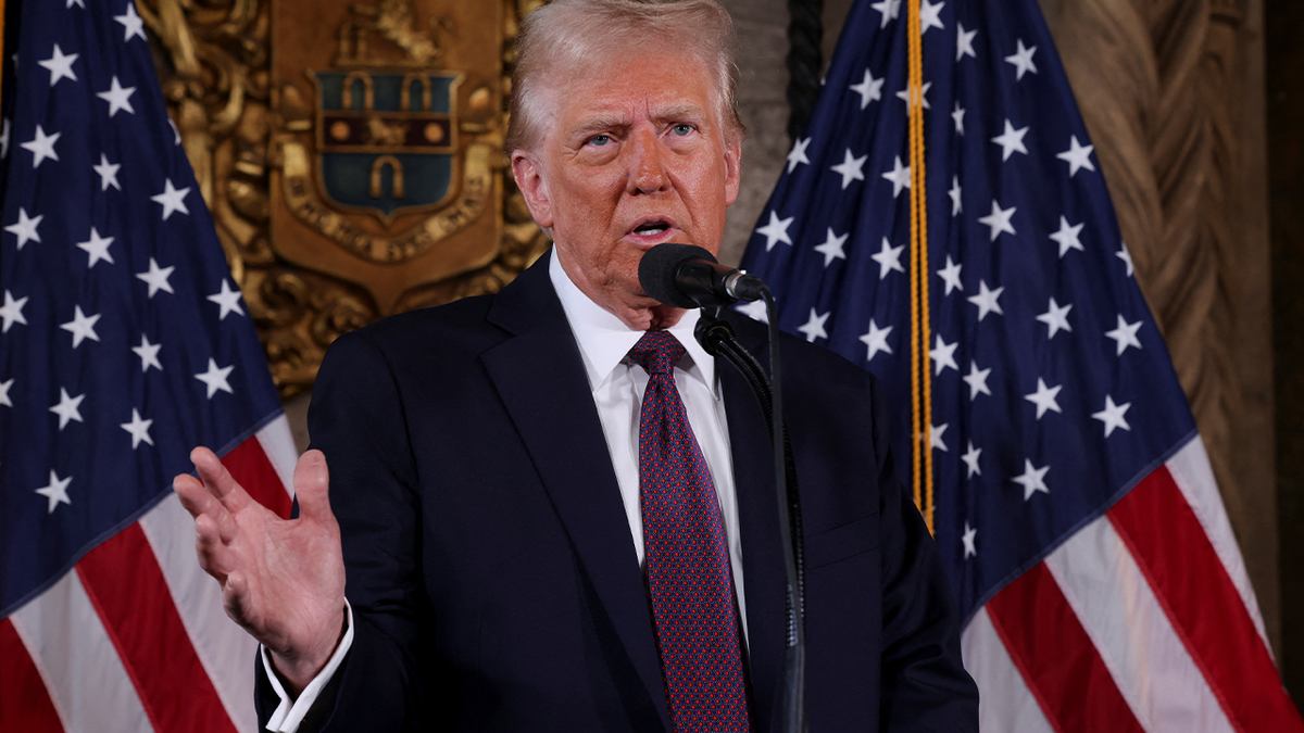 Trump closeup shot from speaking at Mar-a-Lago