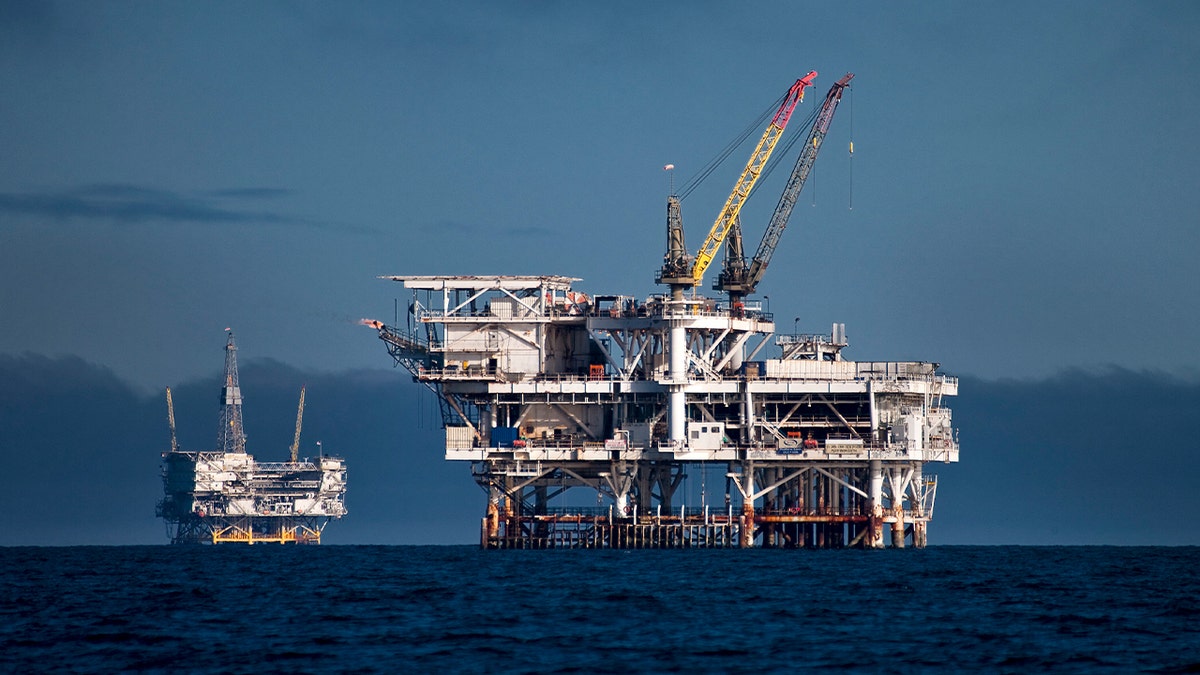 DCOR LLC's Edith offshore oil and gas platform, right, and Beta Operating Company LLC's Eureka oil and gas platform stand in the Beta Field off the coast of Long Beach, California.