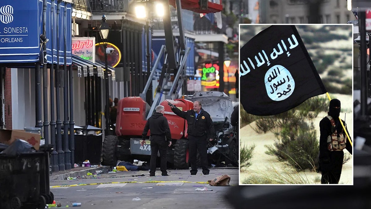 man with ISIS flag in inset; main photo: Bourbon Street crime scene