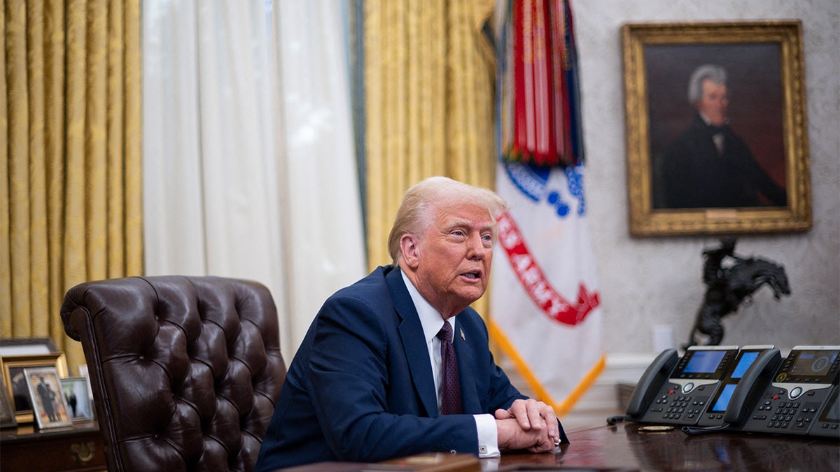 President Donald Trump speaks from the Resolute Desk with a portrait of Andrew Jackson in the background