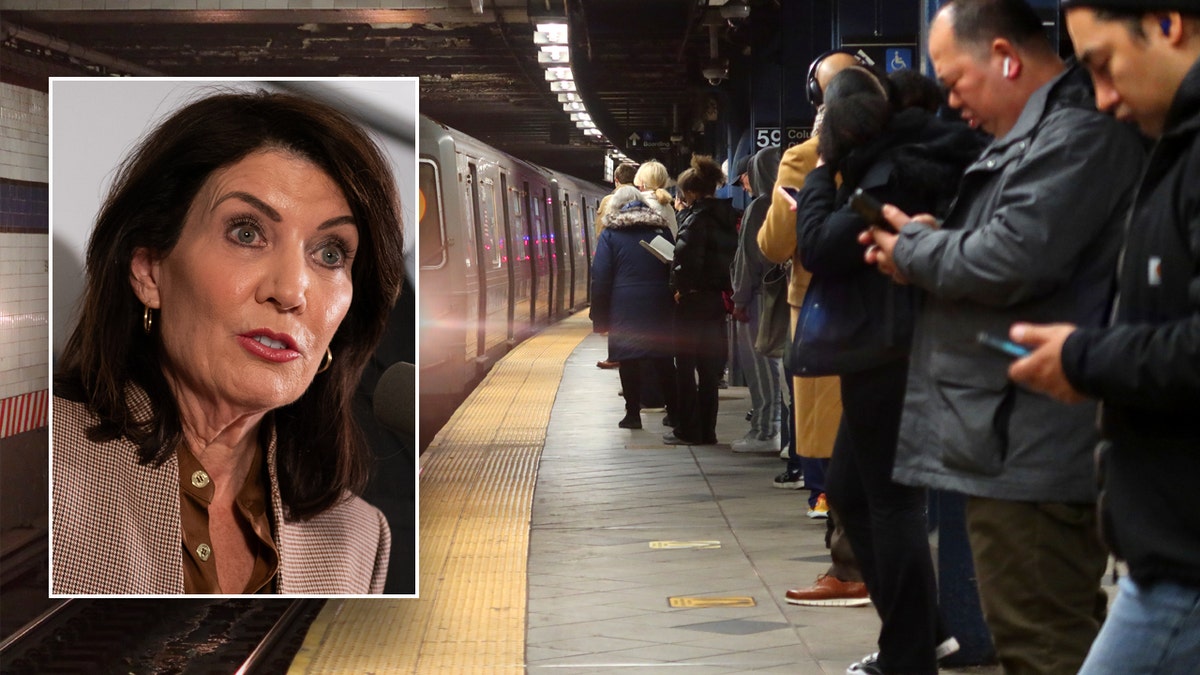 inset: Gov. Hochul; main image: subway passengers on platform