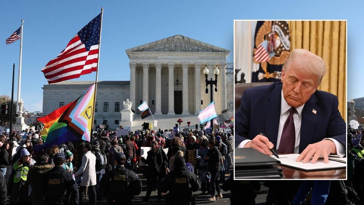 Trump signing document, inset, main image, LGBT demonstration outside SCOTUS