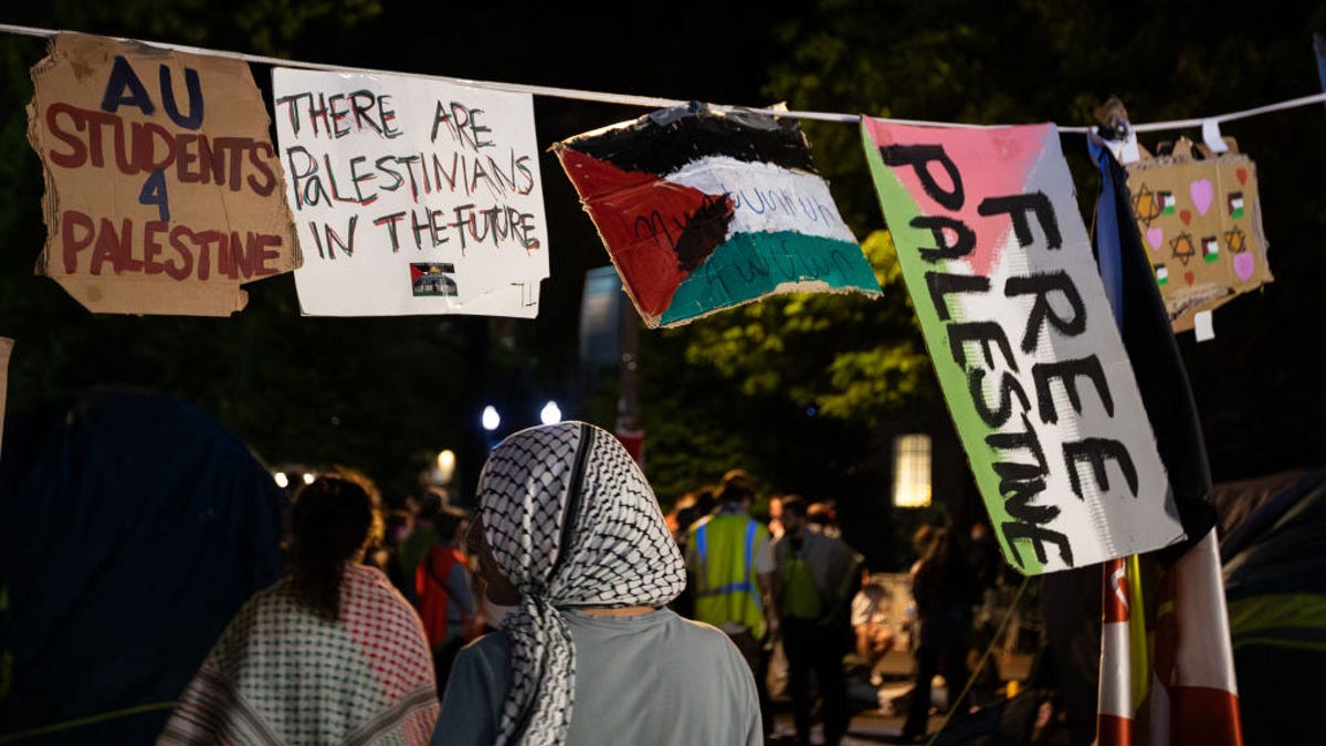 George Washington University students take part in a Gaza solidarity encampment in conjunction with other Wasington, D.C.-area universities.