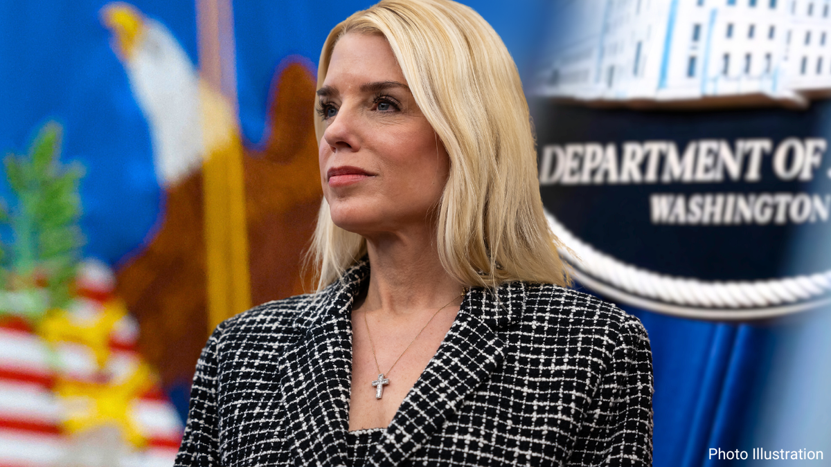 Pam Bondi and the DOJ logo