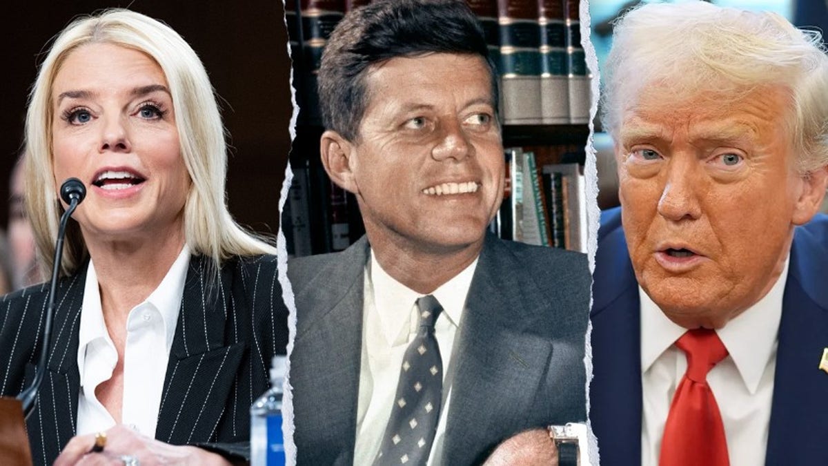 Pam Bondi, JFK and Donald Trump in a split image