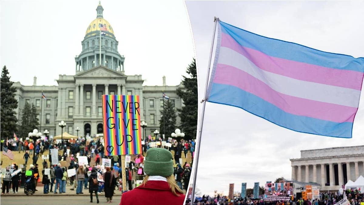 protest outside Colorado capitol, left; transgender flag, right