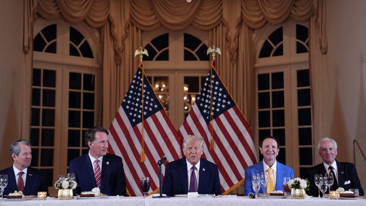 President-elect Donald Trump speaks during a meeting with Republican governors at Mar-a-Lago, Thursday, Jan. 9, 2025, in Palm Beach, Fla., as Georgia Gov. Brian Kemp, Virginia Gov. Glenn Youngkin, Lousiana Gov. Jeff Landry, South Carolina Gov. Henry McMaster and Susie Wiles listen.