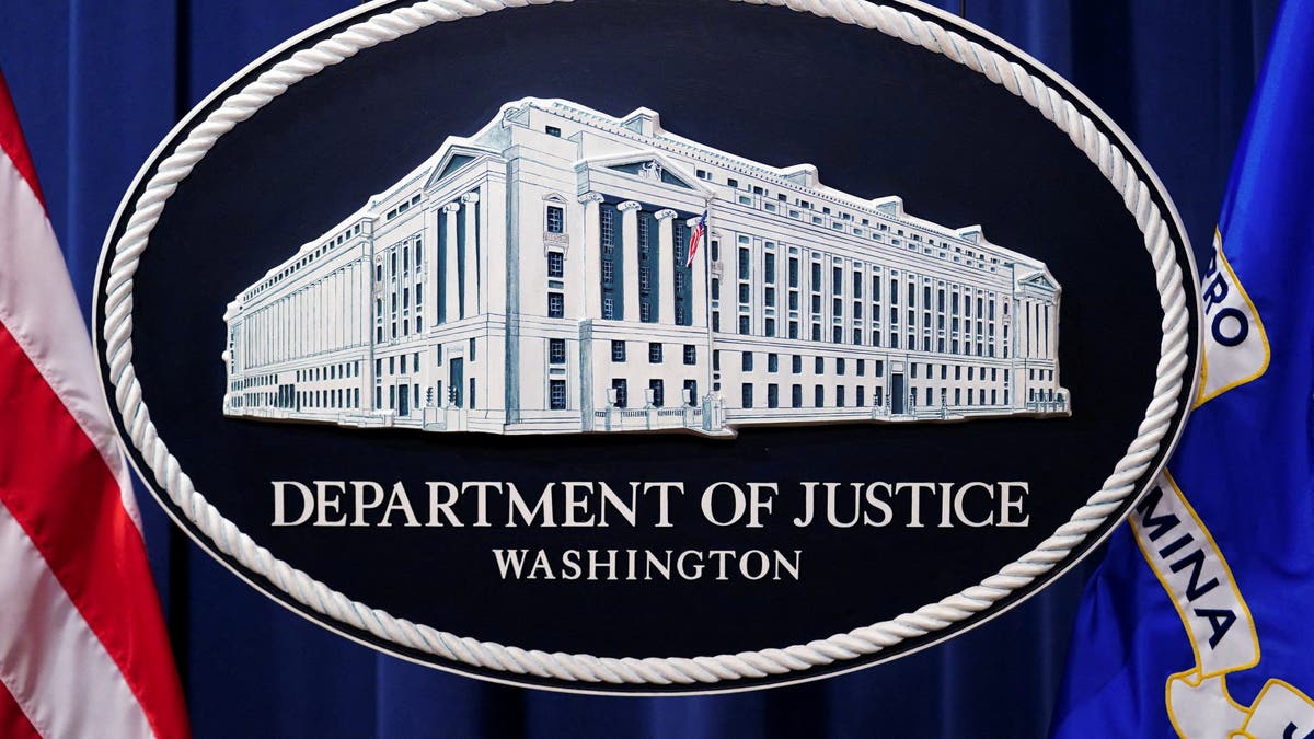 U.S. Justice Department logo is seen at Justice Department headquarters in Washington