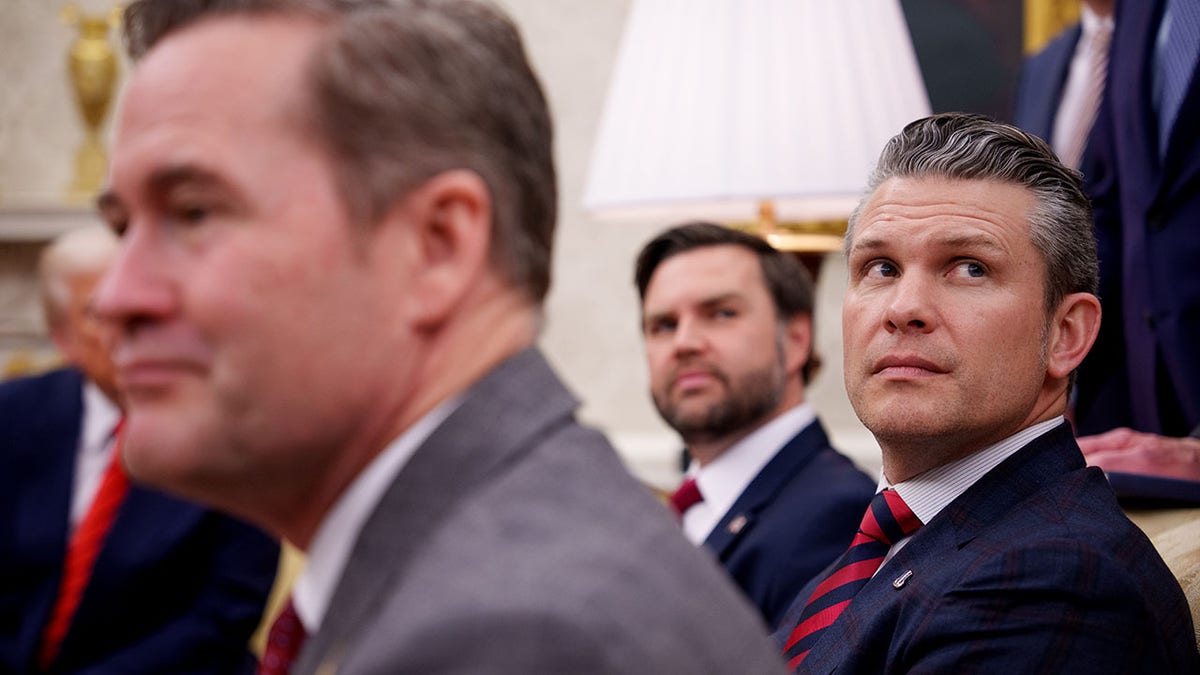 Defense Secretary Pete Hegseth in Oval Office meeting with Trump, Vance, Waltz and others