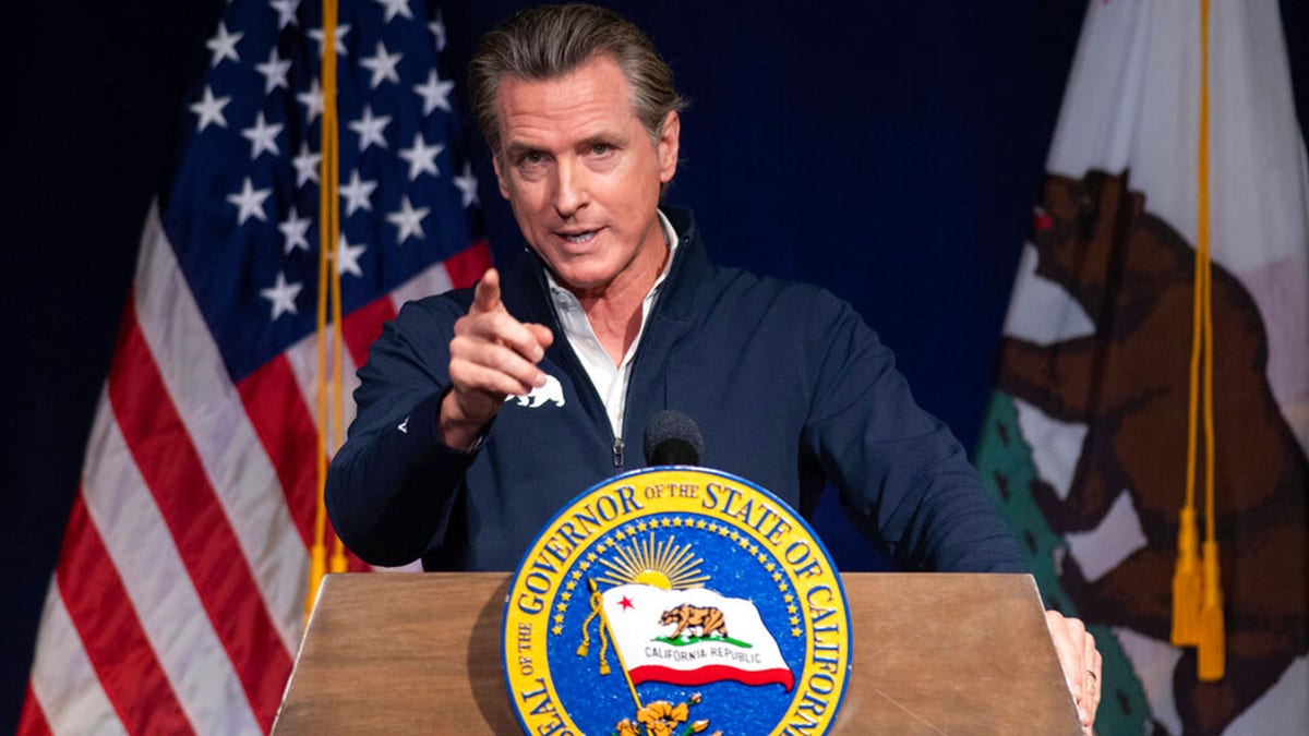 California Gov. Gavin Newsom at podium