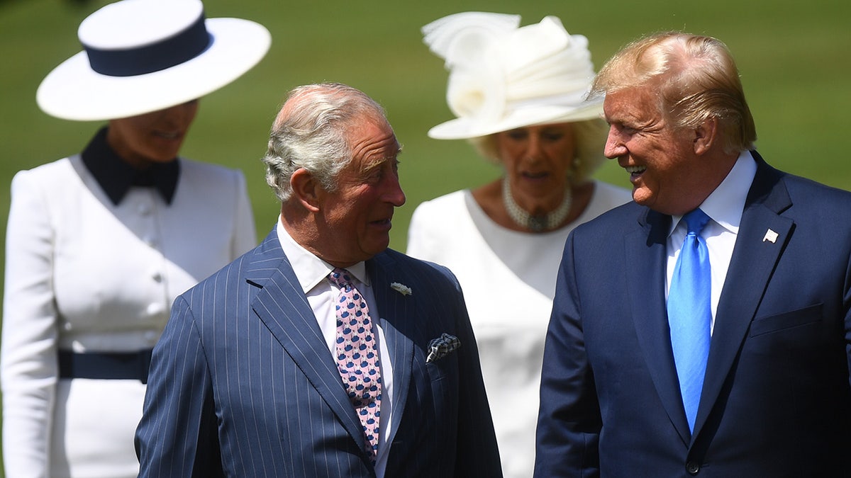 Trump walking with King Charles Kate Middleton and Camilla walk behind