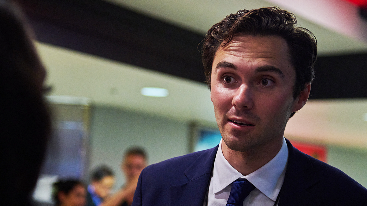 David Hogg, gun control advocate and survivor of the Marjory Stoneman Douglas High School tragedy, at the 2024 Democratic National Convention in Chicago on Aug. 22, 2024.