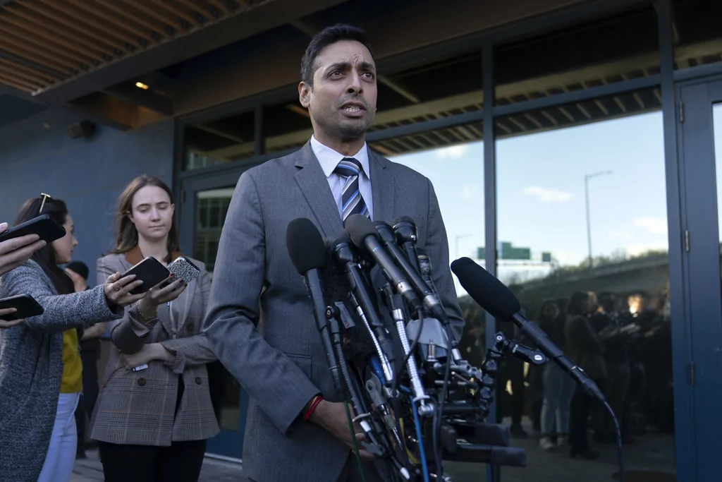 Rep.-elect Suhas Subramanyam, D-Va., talks to reporters after attending new Congress member orientation, Tuesday, Nov. 12, 2024, on Capitol Hill in Washington. The 119th Congress members-elect are in Washington for a ten-day long new member orientation. (AP Photo/Jose Luis Magana)