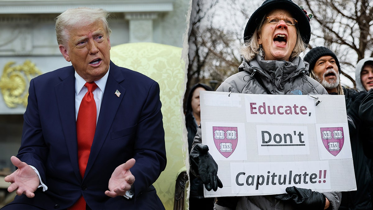 Trump shrugging while seated; woman yelling, holding sign