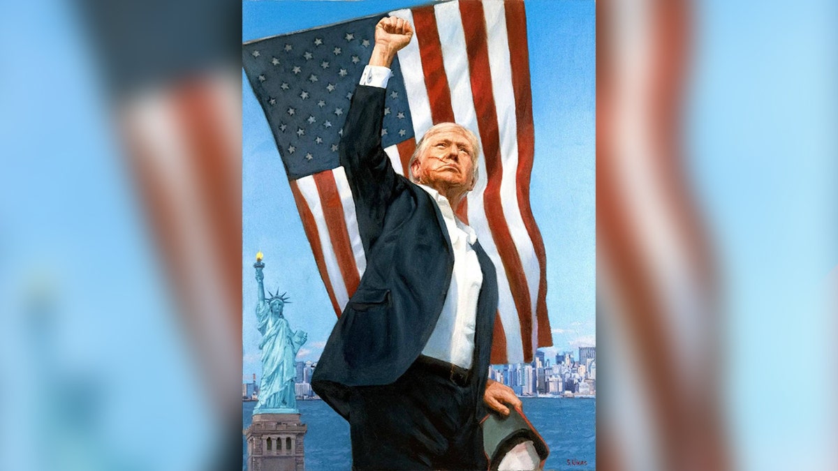 painting of donald trump fist in air, US flag behind him