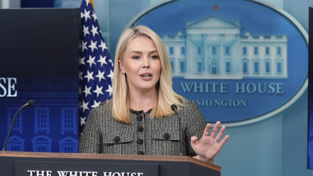 White House press secretary Karoline Leavitt speaks with reporters in the James Brady Press Briefing Room at the White House, Friday, April 11, 2025, in Washington.