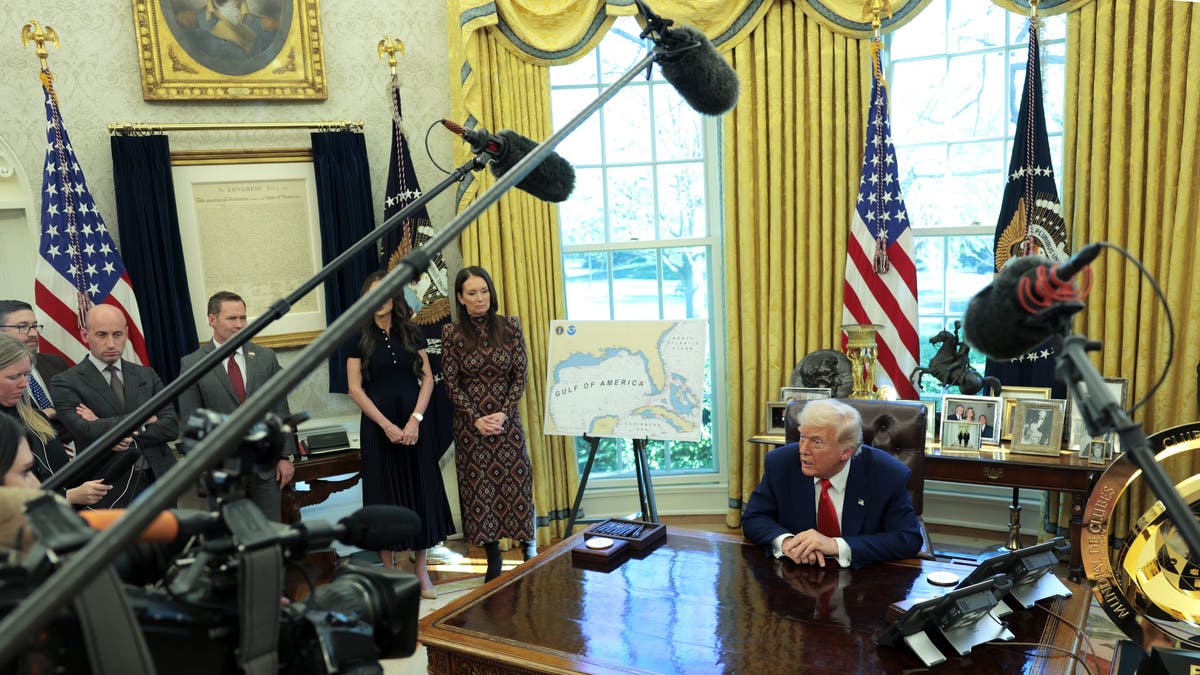 WASHINGTON, DC - APRIL 09: U.S. President Donald Trump speaks to reporters as he signs executive orders in the Oval Office of the White House on April 09, 2025 in Washington, DC. President Trump signed several executive orders including directing the 