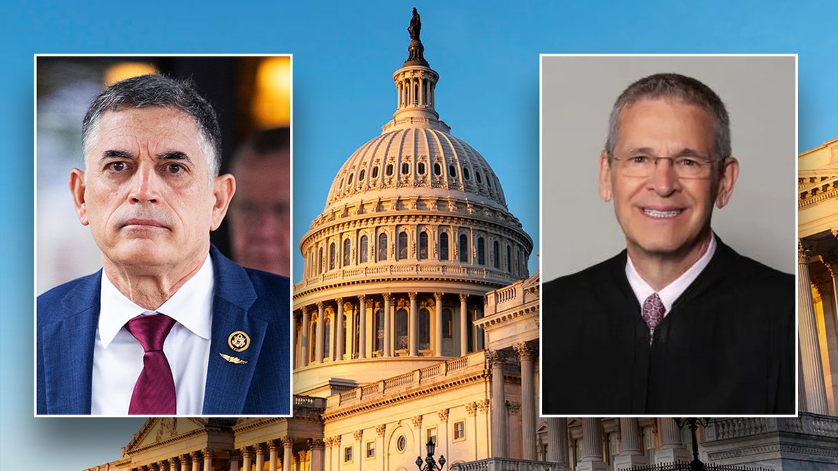 Georgia Rep. Andrew Clyde and Judge John McConnell appear over a photo of the U.S. Capitol