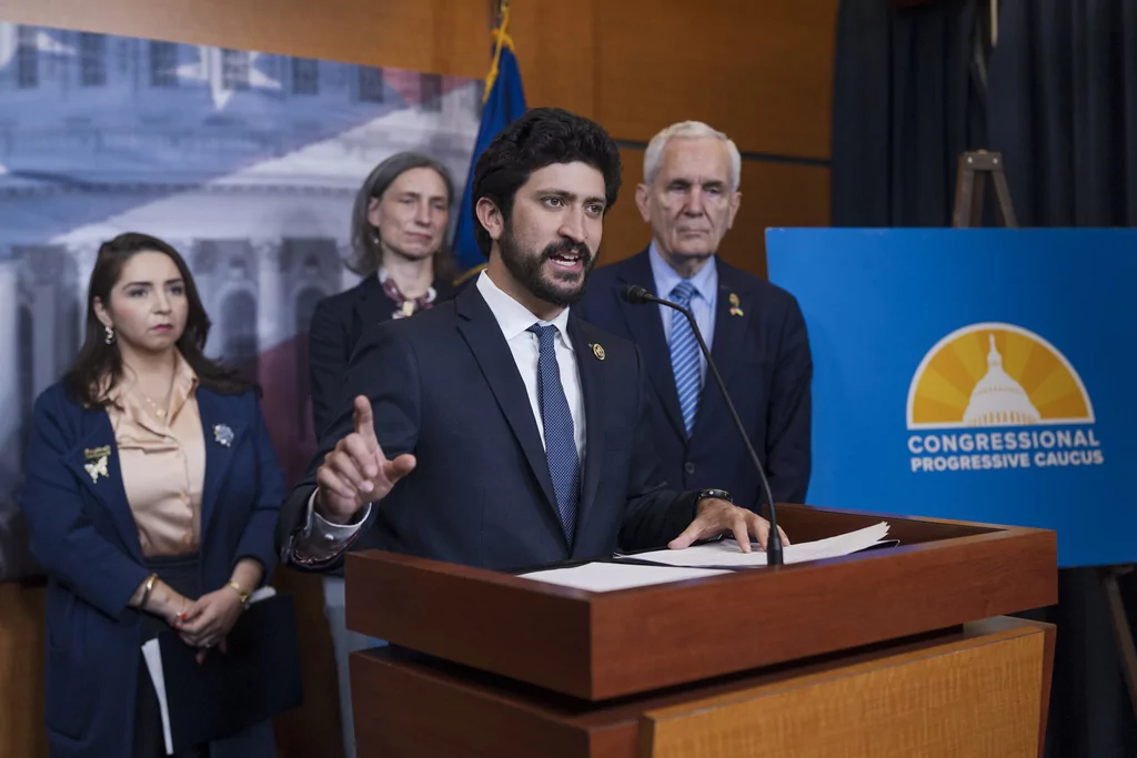 Rep. Greg Casar, D-Texas, center, and other members of the House Congressional Progressive Caucus speak to reporters in response to President Donald Trump's address to a joint session of Congress last night, on Capitol Hill in Washington, Wednesday, March 5, 2025. 