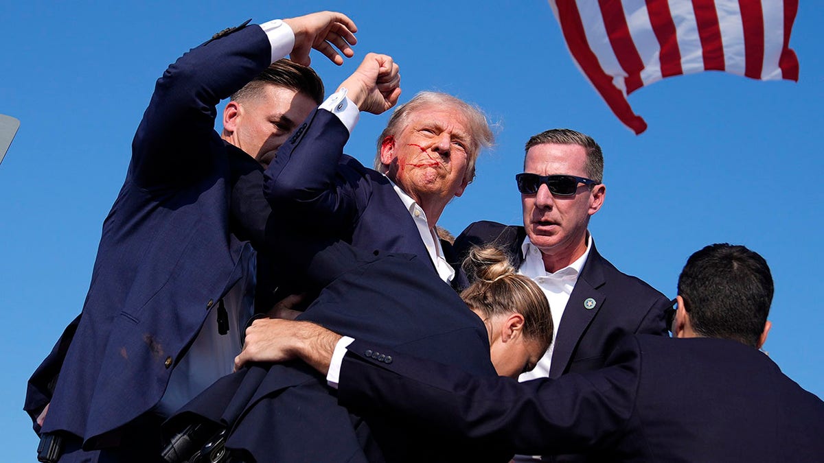 Trump with blood on his face pumps fist in air while Secret Service rushes him from stage