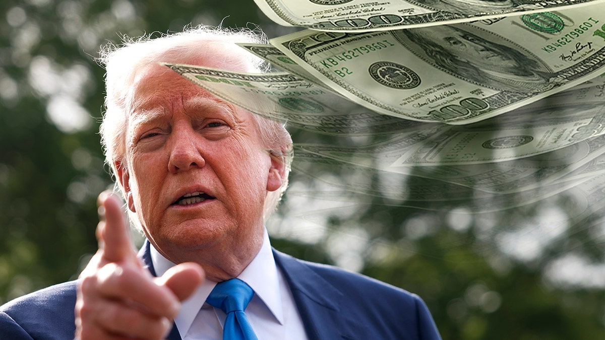 Trump with dollars superimposed in a photo illustration