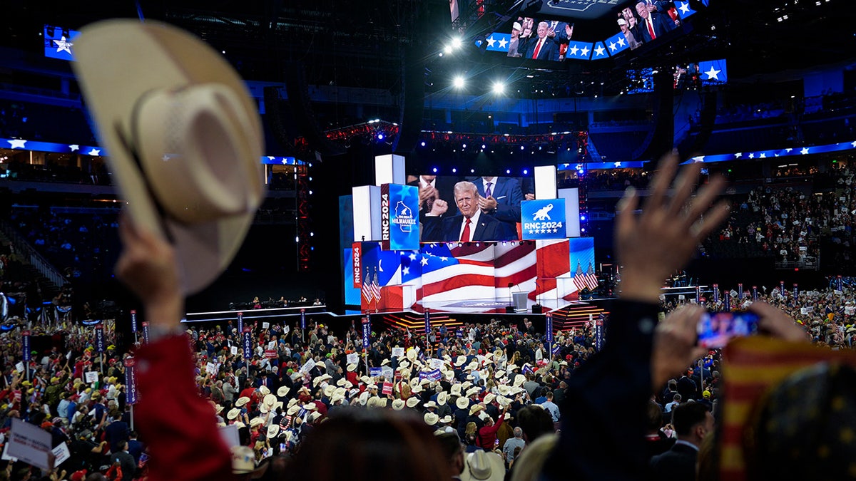 wide shot of jumbtron showing Trump at 2024 RNC 