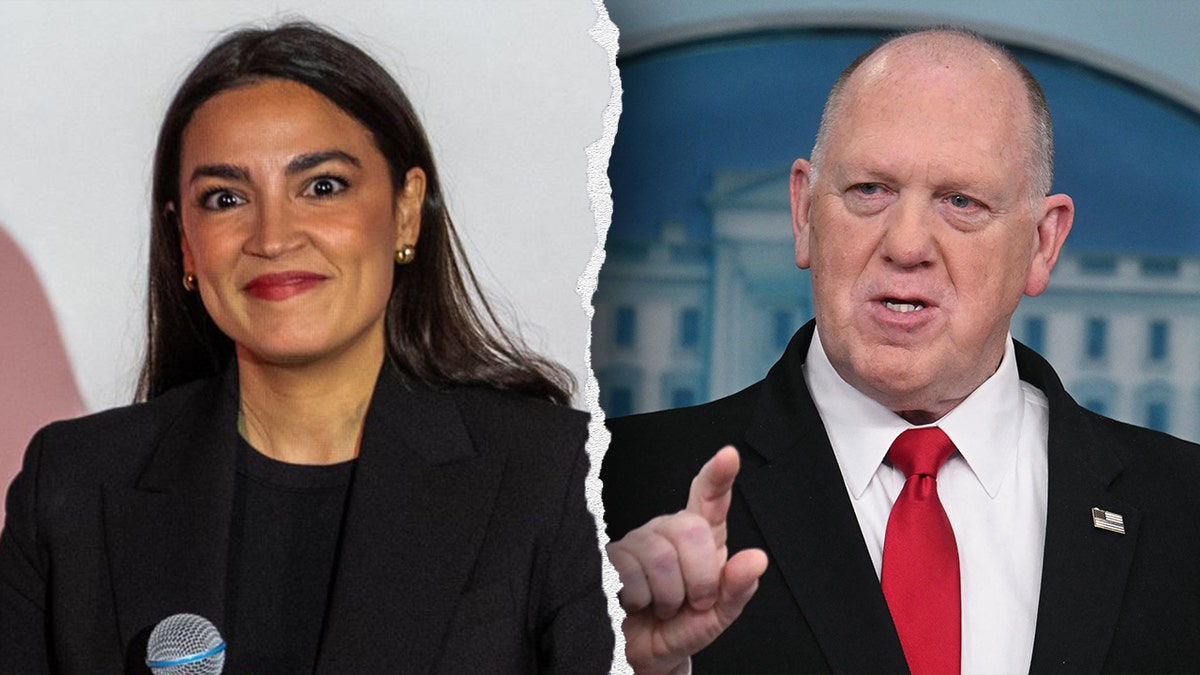 Rep. Alexandria Ocasio-Cortez (D-NY) speaking at a town hall in Queens, left, and Tom Homan