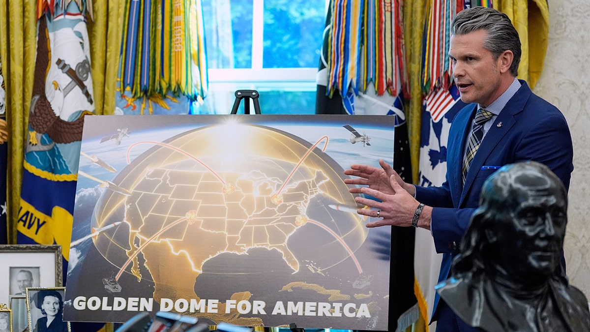 Defense Secretary Pete Hegseth speaks over Golden Dome display